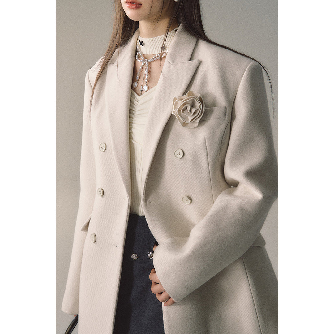 Via Pitti Double-Breasted Woolen Coat Cream - Mores Studio