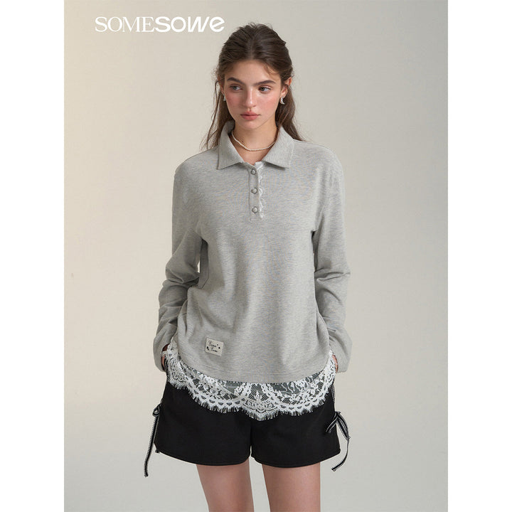 SomeSowe Lace Patchwork Polo Long Sleeve T-Shirt Gray