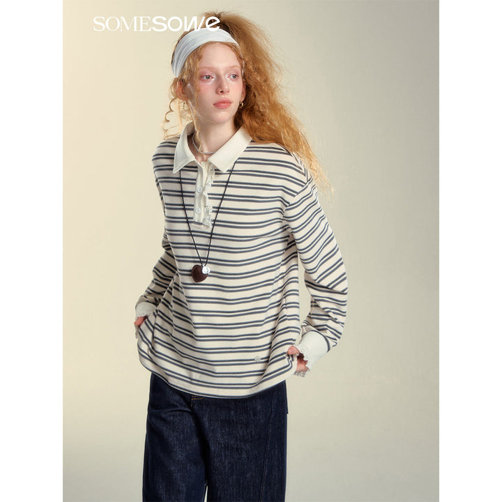 SomeSowe Lace Edge Striped Long Sleeve Polo Top Black/White