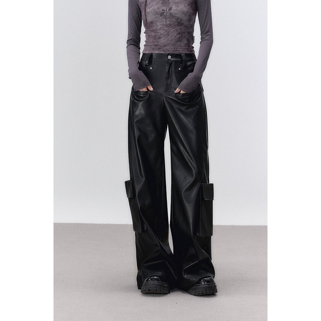 Via Pitti 3D Large Pocket Wide-Leg Leather Pants Black - Mores Studio