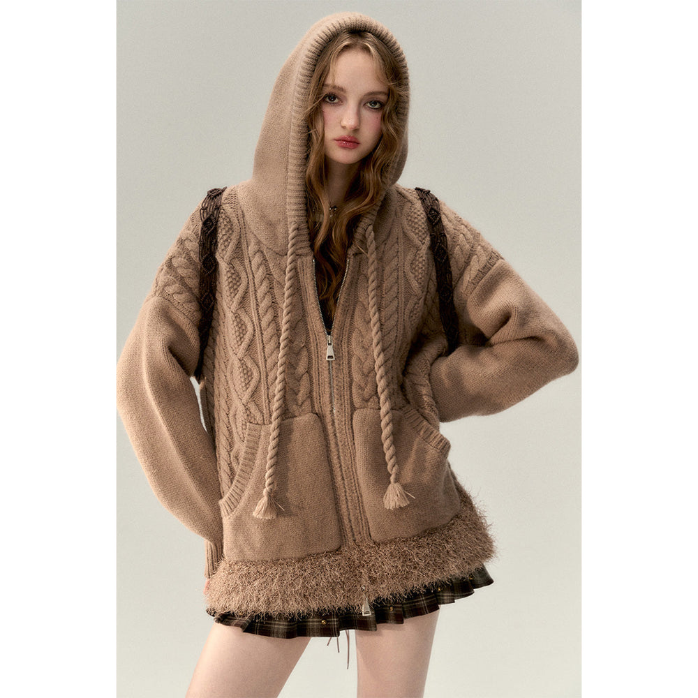 Via Pitti Fuzzy Edge Hooded Twist Knit Zipped Cardigan Brown - Mores Studio