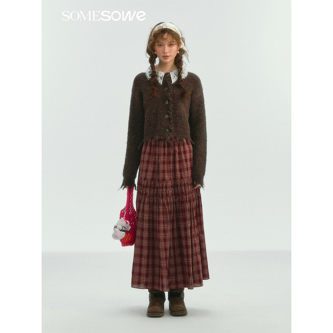 SomeSowe Lace Edge Plaid Drawstring Long Skirt Red