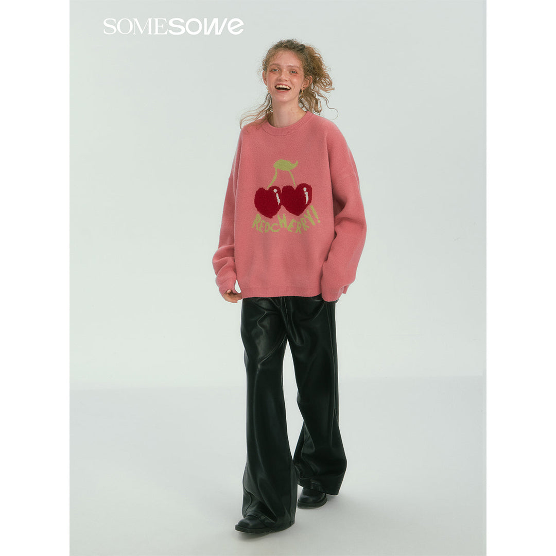 SomeSowe Cherry Jacquard Silhouette Knit Sweater Pink