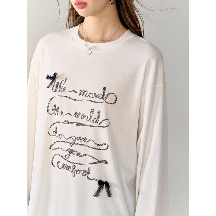 AsGony 3D Bow Knot Printed Casual L/S T-Shirt White