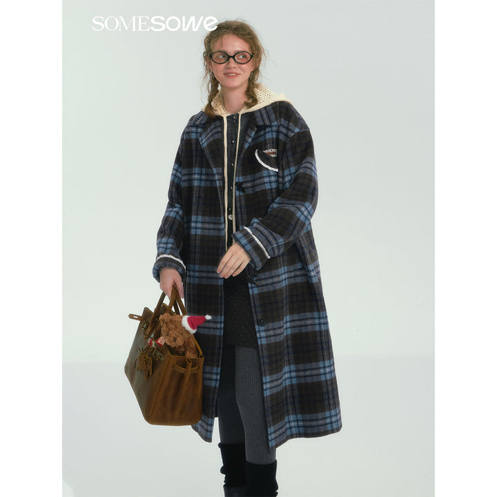 SomeSowe Contrast Color Plaid Tweed Long Coat