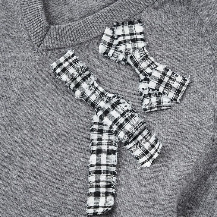 SomeSowe Plaid Bow V-Neck Knit Sweater Gray