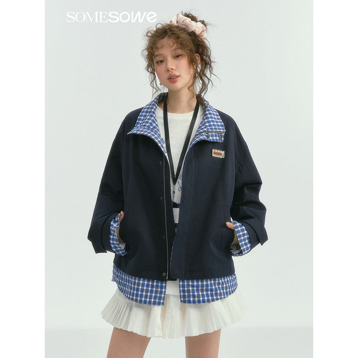 SomeSowe Plaid Patchwork Stand Collar Jacket Navy Blue