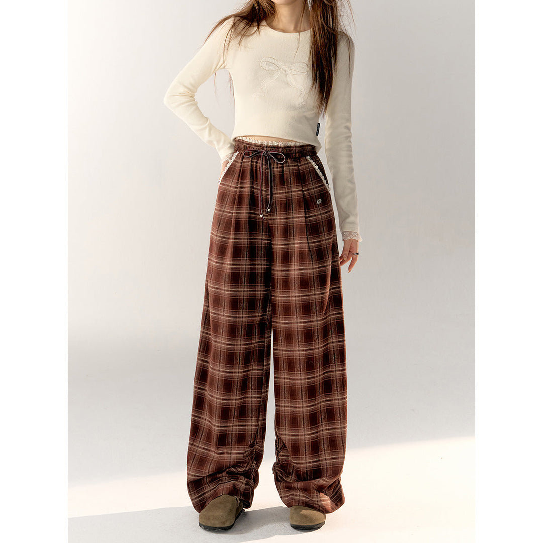 AsGony Retro Plaid High Waist Wide-Leg Pants Brown