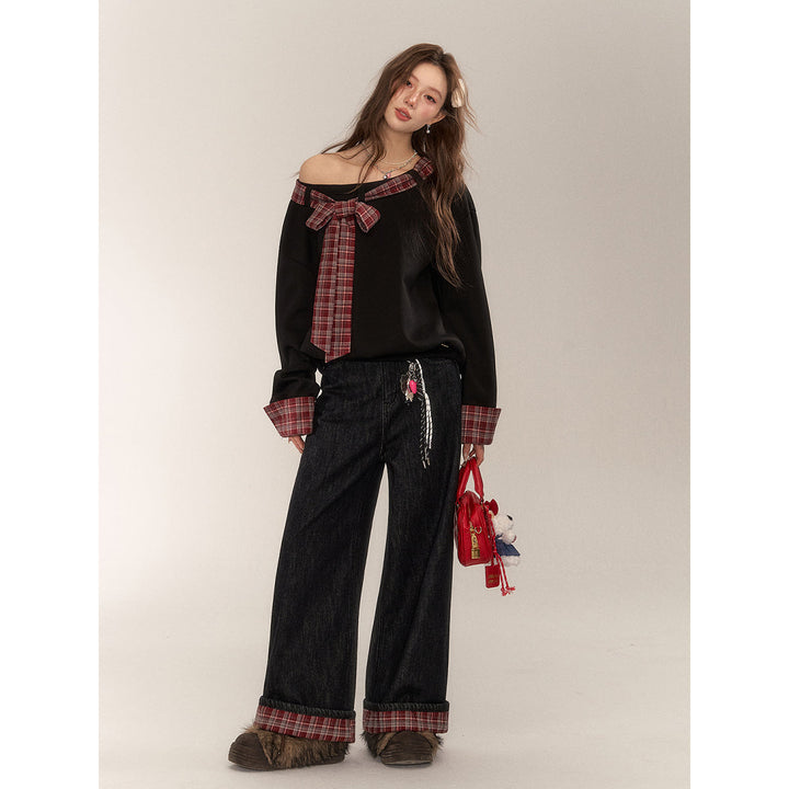 AsGony Retro Brushed Plaid Turn Over Edge Wide-Leg Jeans