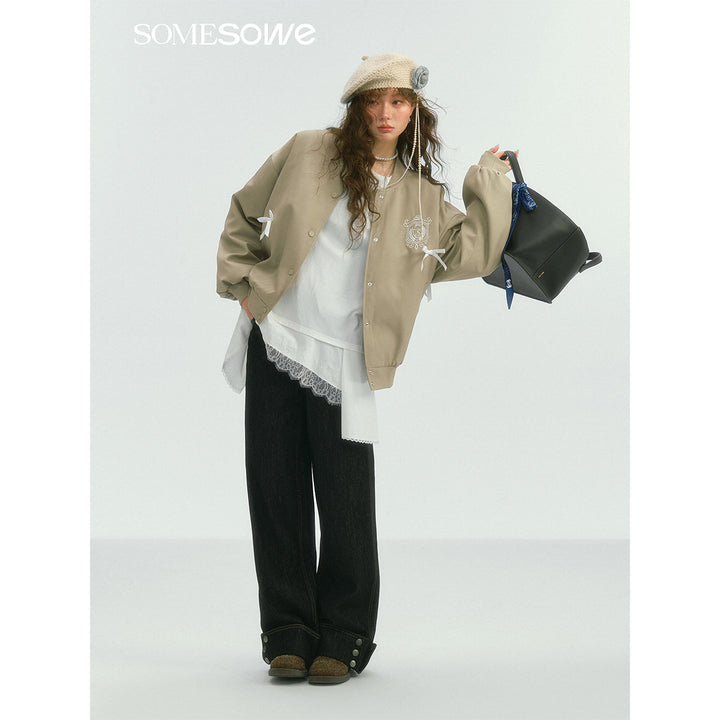 SomeSowe Bow Badge Casual Baseball Jacket Khaki