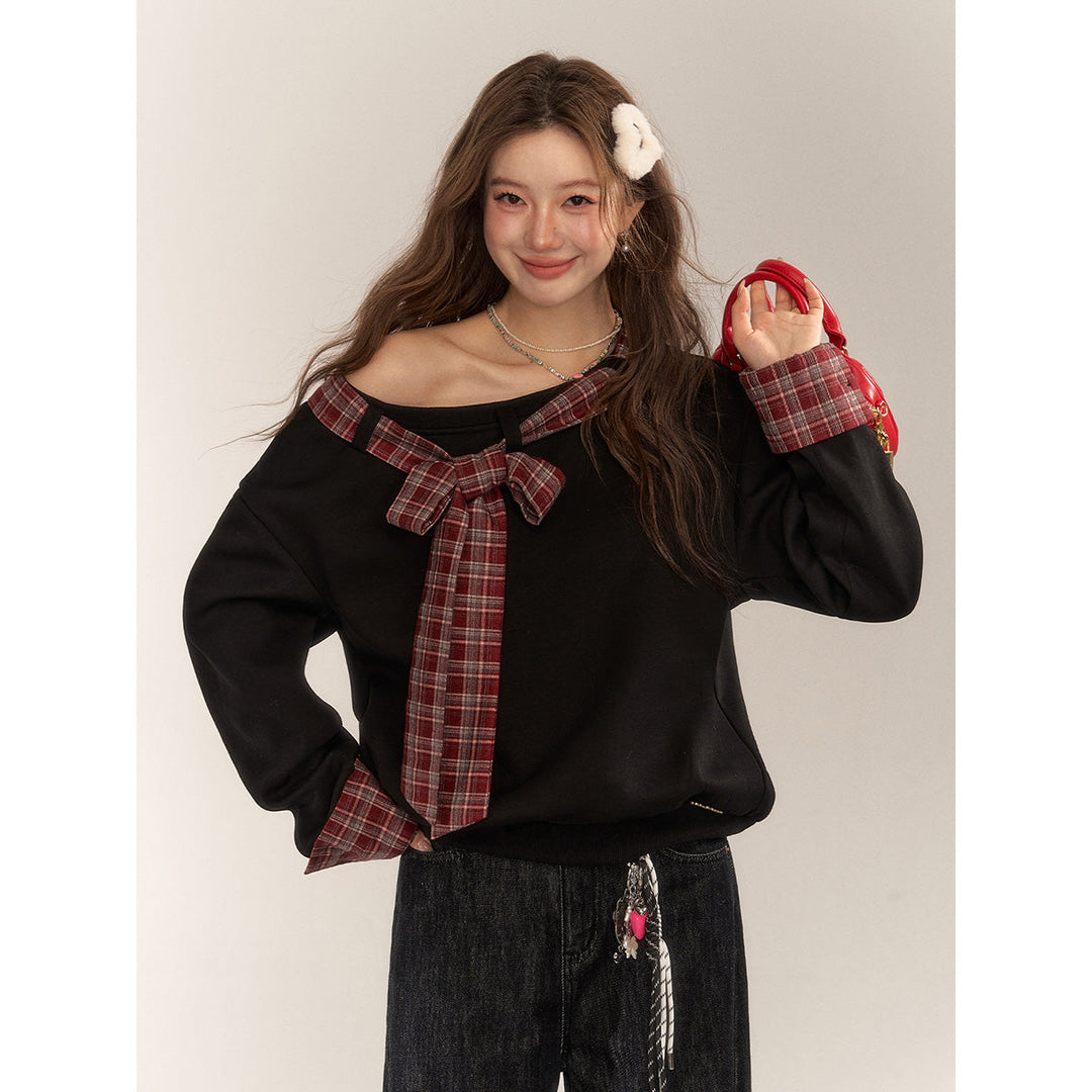 AsGony Plaid Patchwork Bow Tie Fleece-Lined Sweater