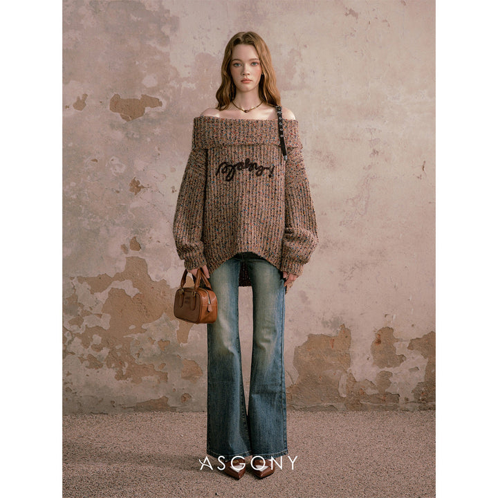 AsGony Logo Embroidery Off-Shoulder Sweater - Mores Studio