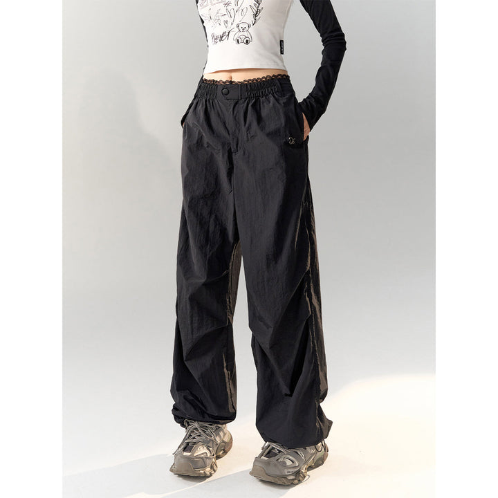 AsGony Lace Waist Pleated Wide-Leg Cargo Pants Black