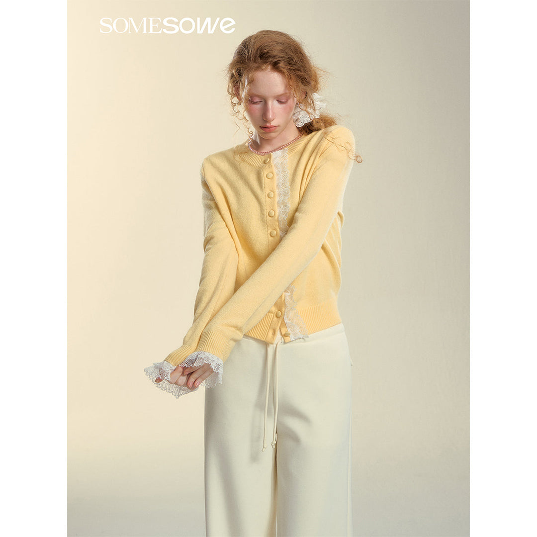 SomeSowe Lace Edge Round-Neck Knit Cardigan Yellow