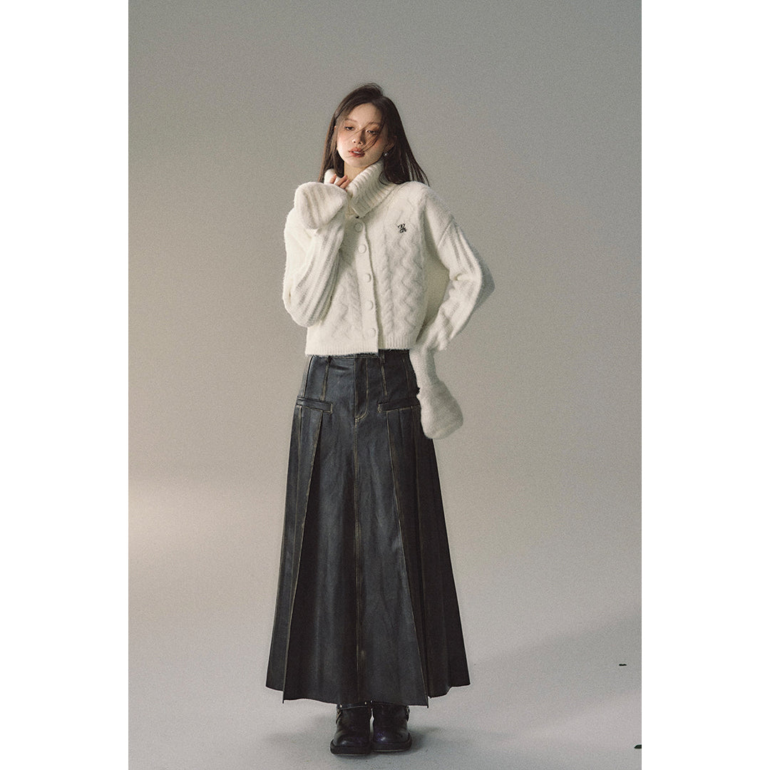 Via Pitti Brush-Off Leather Pleated Long Skirt - Mores Studio