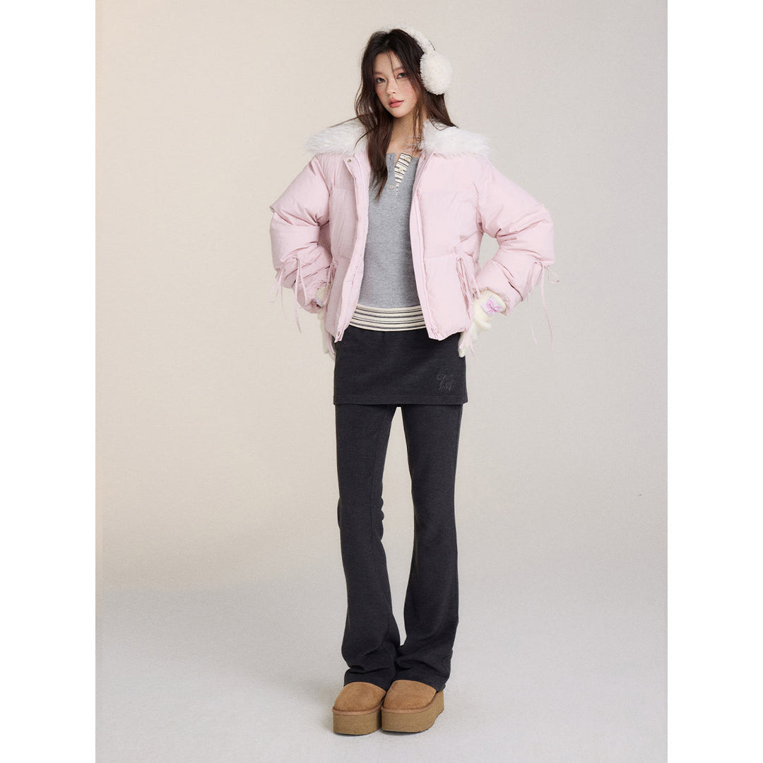 Via Pitti Bow Drawstring Fur Collar Down Jacket Light Pink