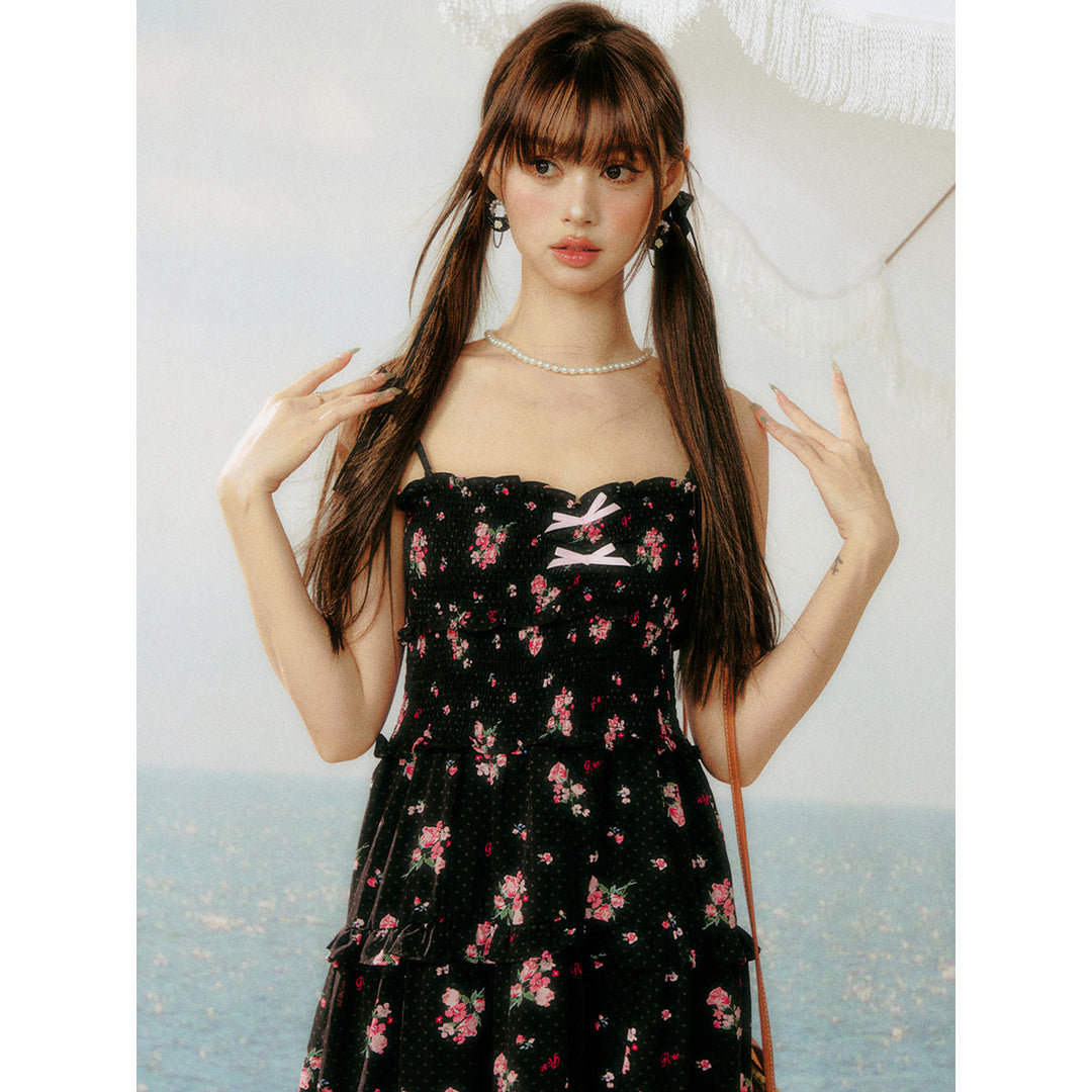 AsGony Lace Patchwork Floral Slip Long Dress Black