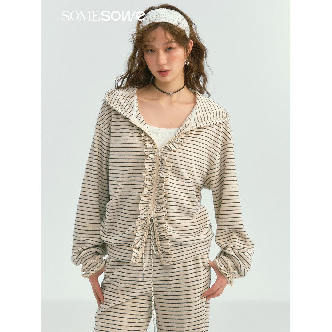 SomeSowe Soft Striped Ruffled Zip Up Hoodie White