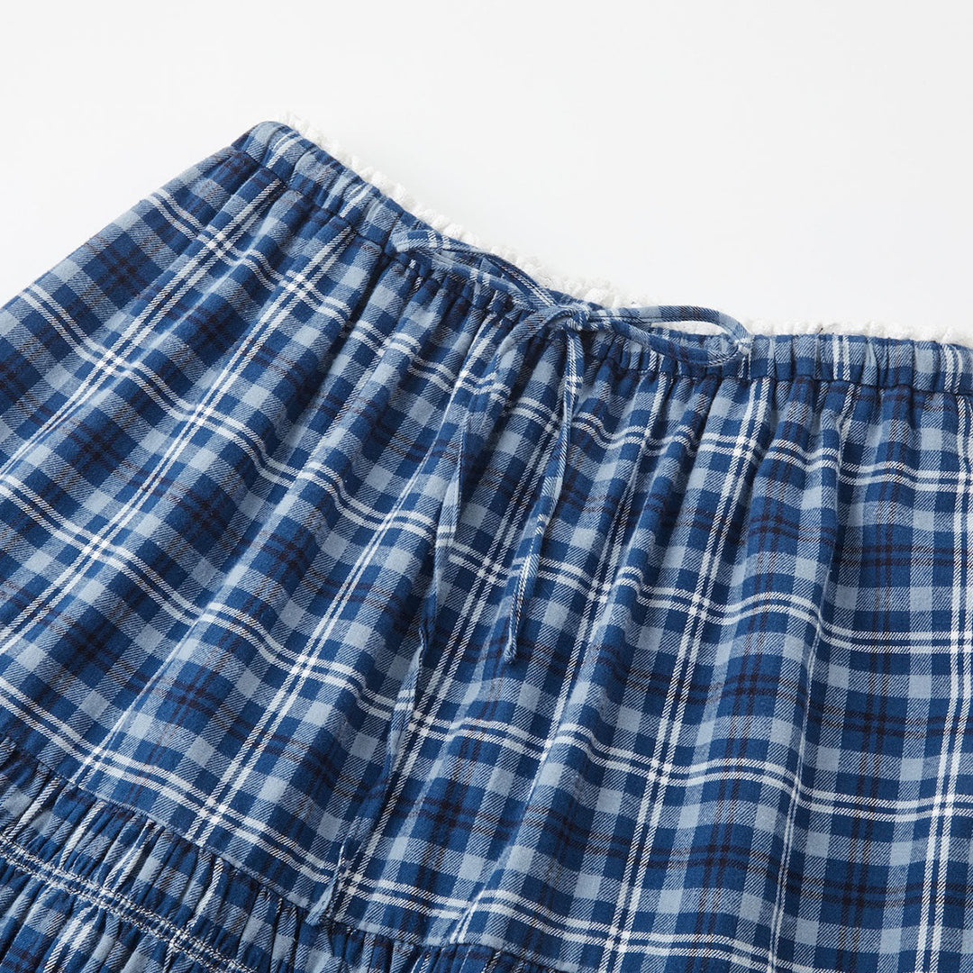 SomeSowe Lace Edge Plaid Drawstring Long Skirt Blue