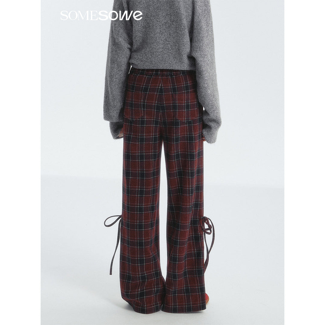 SomeSowe Bow Drawstring Plaid Wide-Leg Pants Red