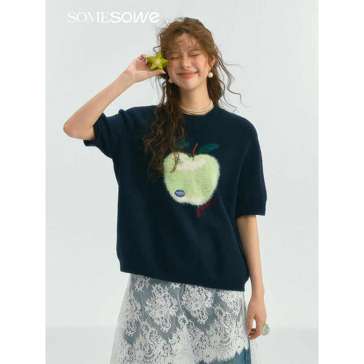 SomeSowe Green Apple Short Sleeve Knit Sweater Navy Blue