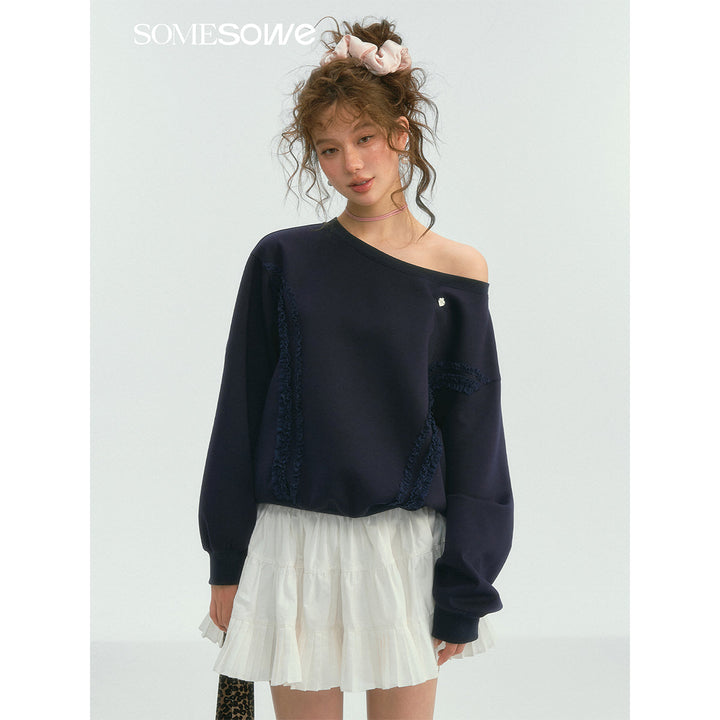 SomeSowe Lace Edge Boat Neck Casual Sweatshirt Navy Blue