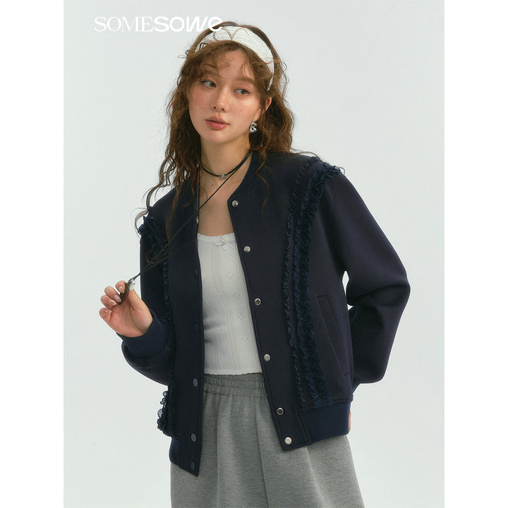 SomeSowe Lace Edge Casual Baseball Jacket Navy Blue