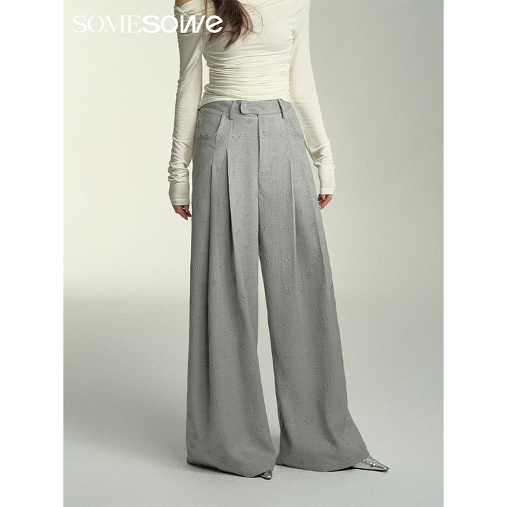 SomeSowe Floral Embossed High-Waisted Wide-Leg Pants Grey