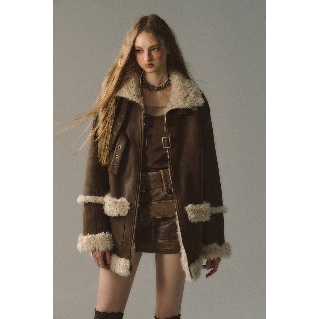 Via Pitti Fluffy Patchwork Reversible Suede Jacket Brown - Mores Studio