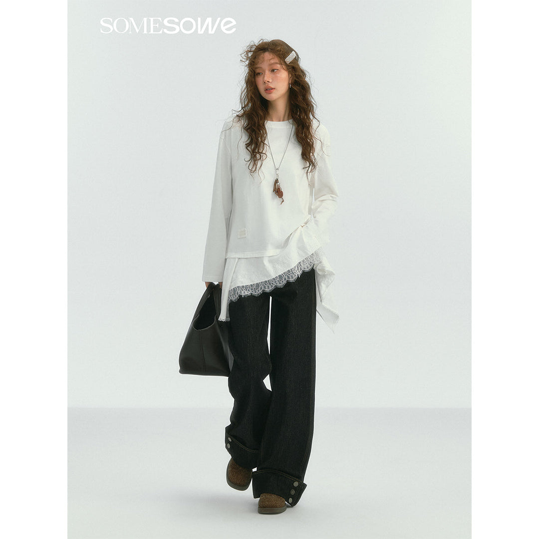 SomeSowe Lace Patchwork Fake-2-Piece Long Sleeve T-Shirt