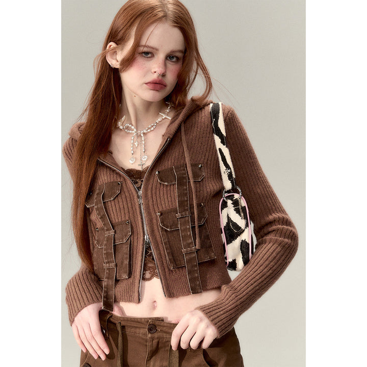 Via Pitti Pocket Patchwork Knit Zipper Cardigan Brown - Mores Studio