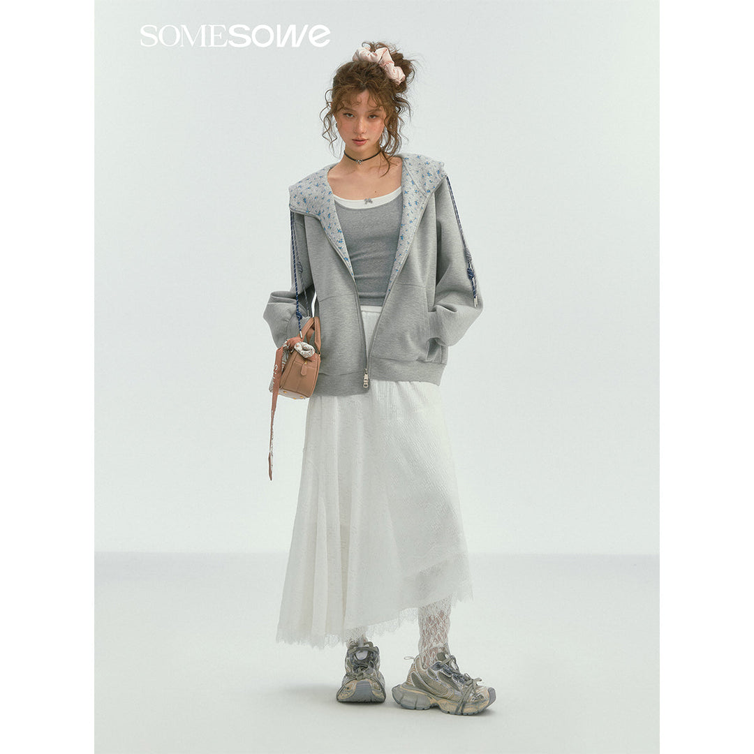 SomeSowe Contrast Color Drawstring Zip Up Hoodie Light Gray