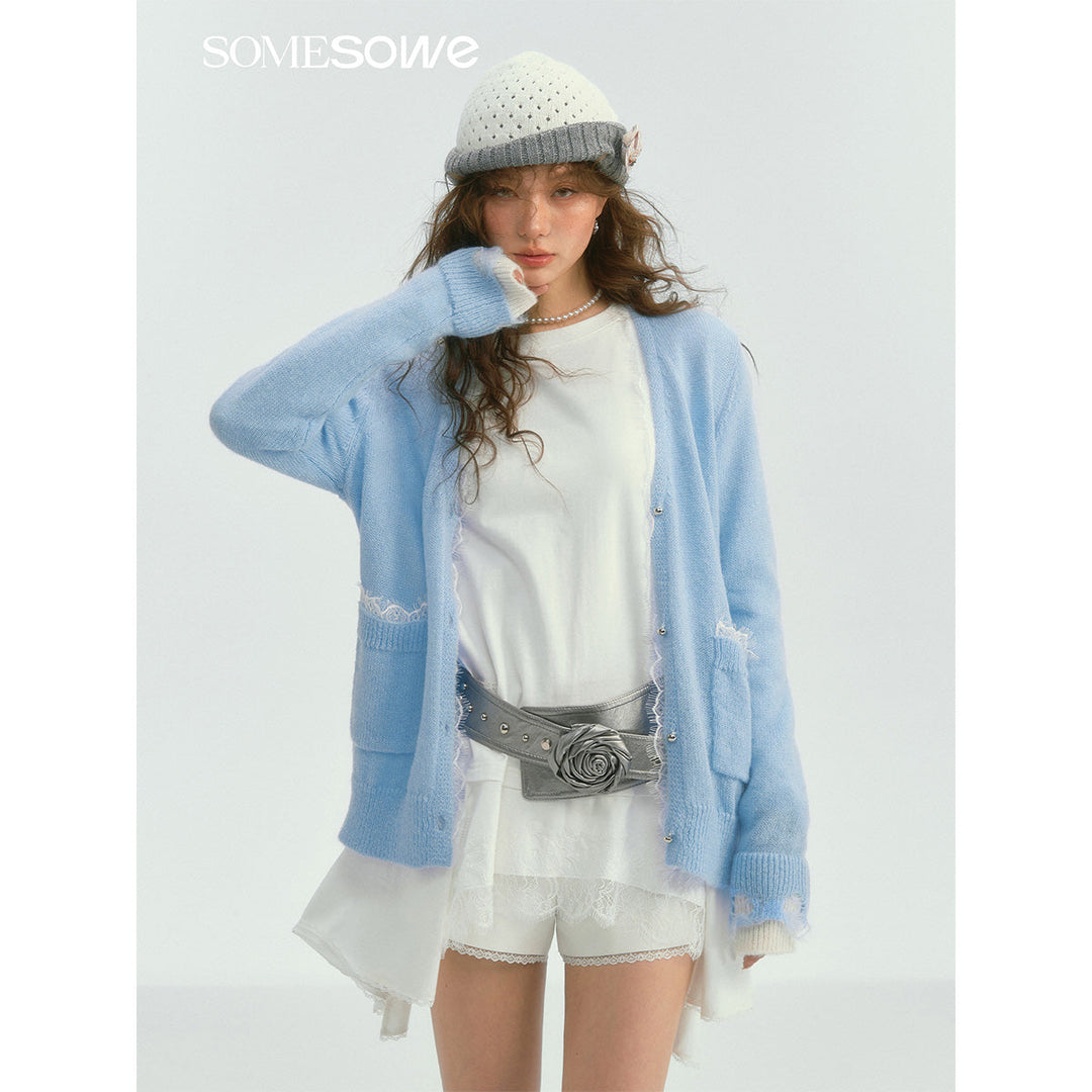 SomeSowe Color Blocked Lace Edge Knit Cardigan Blue