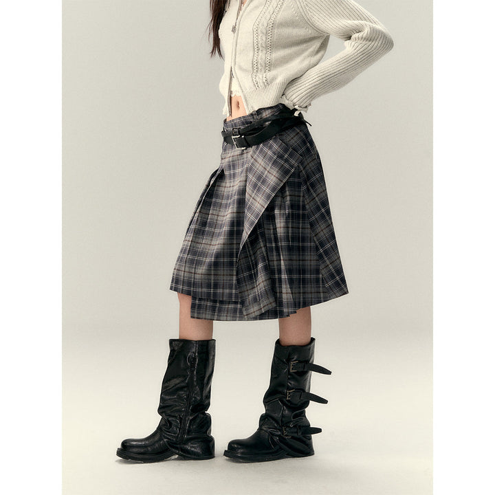 Via Pitti Irregular Plaid Loose Skirt Gray