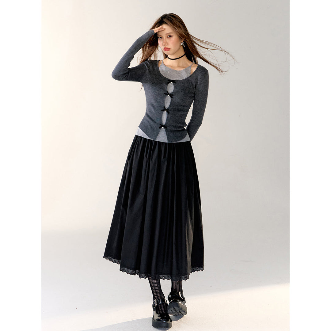 AsGony Lace Patchwork Drawstring Long Skirt Black