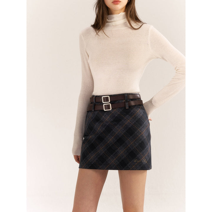 AsGony Double Waist Plaid Skirt Gray