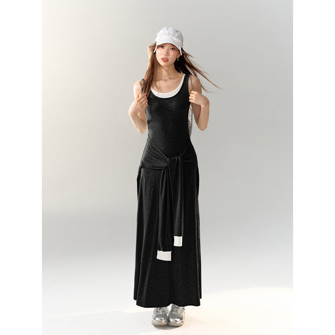 AsGony Fake-2-Piece Strap Knit Vest Long Dress Black