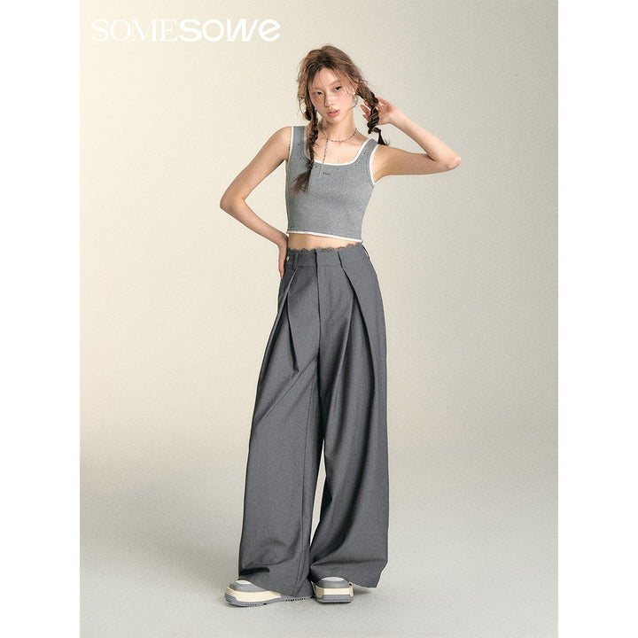 SomeSowe Lace Patchwork Pleated Suit Pants Gray