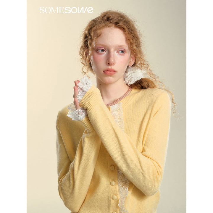 SomeSowe Lace Edge Round-Neck Knit Cardigan Yellow