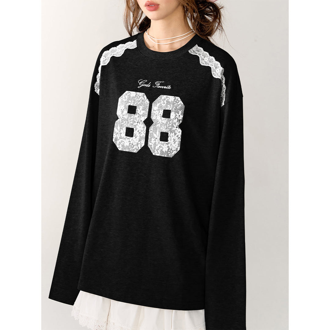 AsGony Retro Lace Patchwork L/S T-Shirt Black