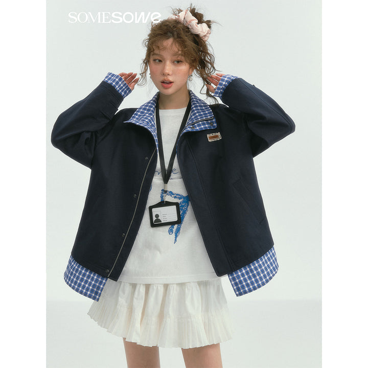 SomeSowe Plaid Patchwork Stand Collar Jacket Navy Blue