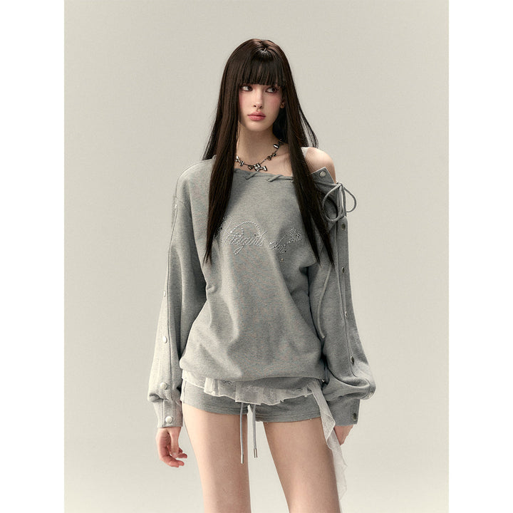 Via Pitti Nail Button Off-Shoulder Loose Sweat Top Gray