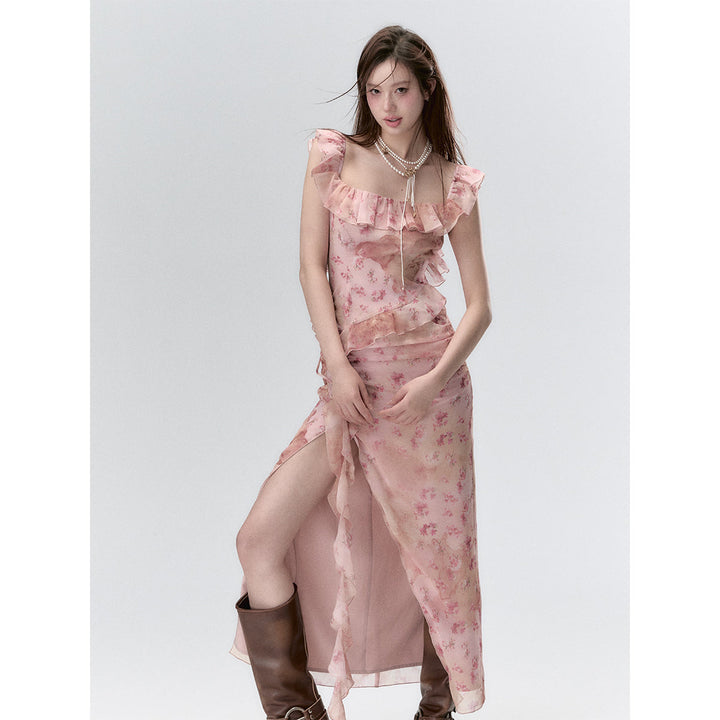 Via Pitti Distressed Ribbon Halter Floral Long Dress