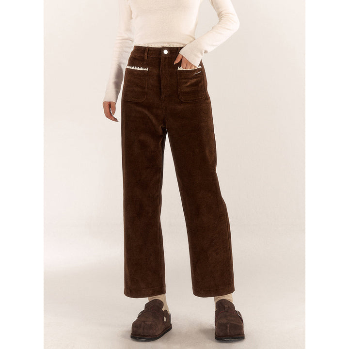 AsGony Retro Lace Patchwork Corduroy Pants Brown