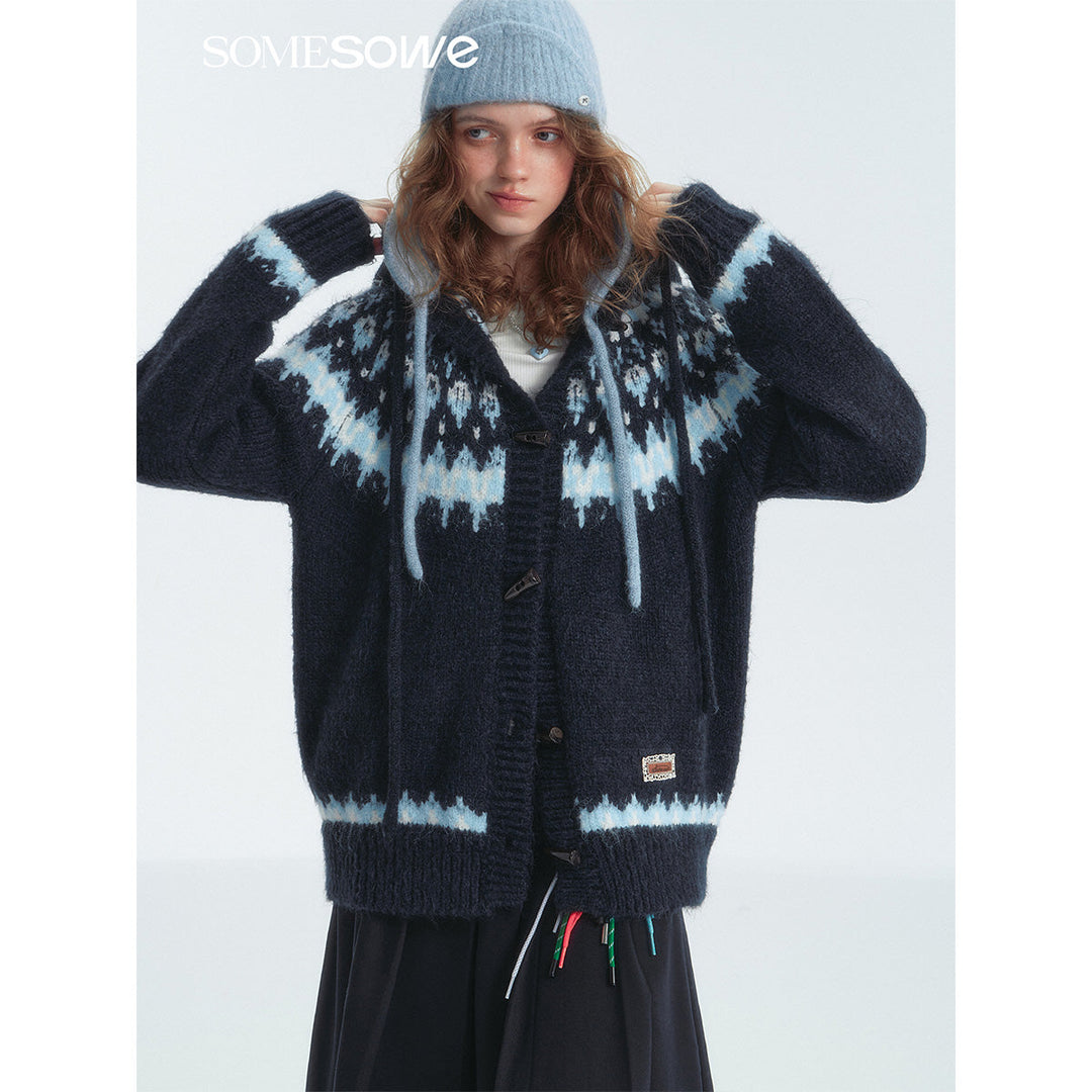 SomeSowe Fair Isle Hooded Knit Cardigan Navy Blue