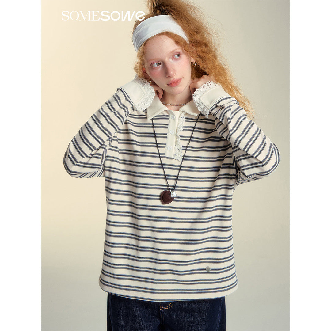 SomeSowe Lace Edge Striped Long Sleeve Polo Top Black/White