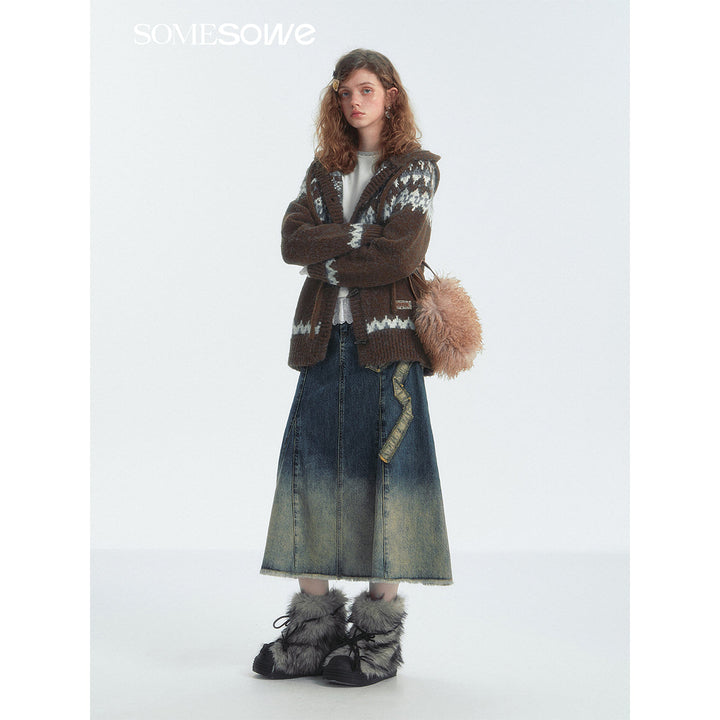 SomeSowe Gradient Bow Raw Edge Denim Long Skirt