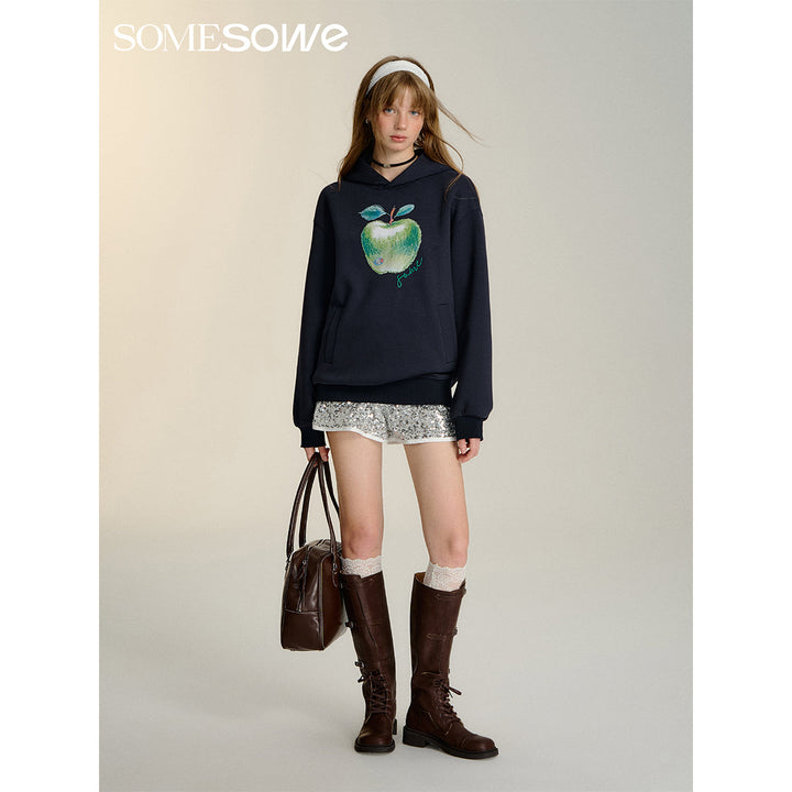 SomeSowe Green Apple Printed Hoodie Navy Blue