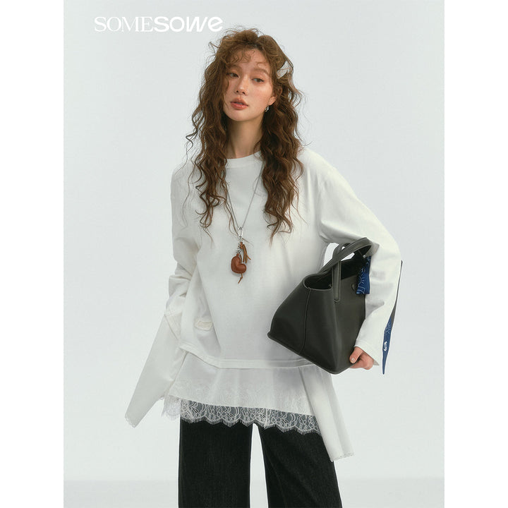 SomeSowe Lace Patchwork Fake-2-Piece Long Sleeve T-Shirt