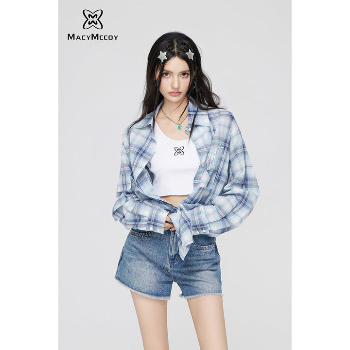 MacyMccoy Plaid Letter Embroidered Shirt Blue